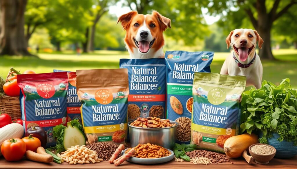 A vibrant scene featuring a diverse selection of Natural Balance Dog Food products arranged aesthetically, surrounded by fresh vegetables, fruits, and grains, set against a serene background of a lush green park with a happy dog enjoying a meal, emphasizing natural ingredients and healthy nutrition for pets.