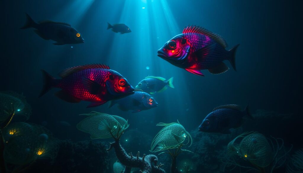 An ethereal underwater scene depicting a variety of deep-sea Can Fish See in the Dark with bioluminescent features, showcasing their vibrant colors and intricate patterns against a dark, shadowy ocean background. Subtle light rays penetrating the darkness, illuminating the fish's eyes adapted for low-light vision, surrounded by mysterious ocean flora and the faint silhouette of an underwater landscape.