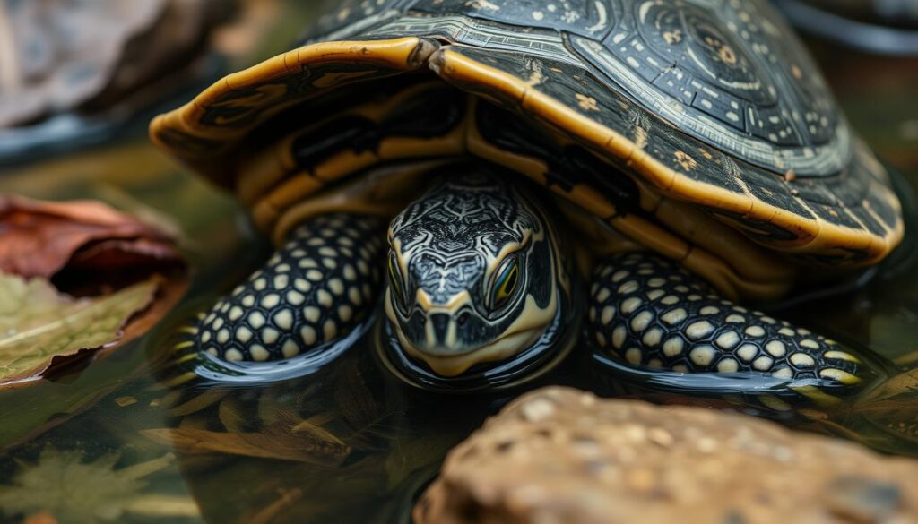 Is a Turtle a Reptile? A close-up view of a turtle retreating into its shell, showcasing the intricate patterns and textures of the shell, surrounded by natural elements like leaves and rocks, emphasizing its defensive posture in a serene aquatic environment.