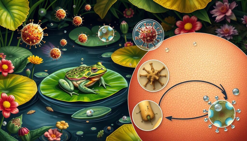 Can You Get Warts from Frogs? A detailed illustration of a vibrant natural environment, showcasing a close-up view of a frog on a lily pad, surrounded by various flora and fauna. Include microscopic views of viral particles in the air, emphasizing the transmission of warts. Display different stages of skin development on the frog's surface, highlighting textures and colors. Show the life cycle of the wart virus with abstract representations, incorporating elements like water droplets and organic shapes to convey the concept of spread and infection in a dynamic way.