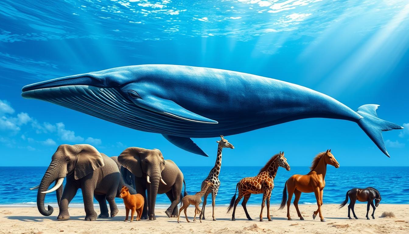 compare blue whale size A blue whale swimming next to a variety of land animals, such as an elephant, a giraffe, and a horse, illustrating the massive size difference; vibrant ocean background with sun rays piercing through the water, realistic textures on the whale's skin and the fur of the land animals, emphasizing scale and proportions.