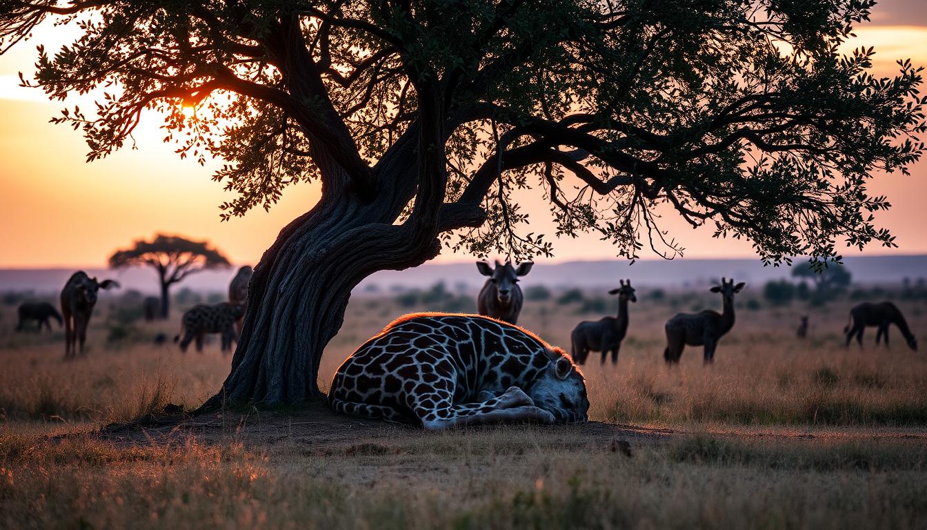 A serene savannah landscape at dusk, featuring a peacefully Giraffe Sleeping curled up under a large acacia tree, soft golden light filtering through the leaves, gentle shadows on the ground, showcasing the giraffe's unique sleeping posture and long neck relaxed, surrounded by tall grasses and distant silhouettes of other wildlife, evoking a sense of calm and tranquility in nature.