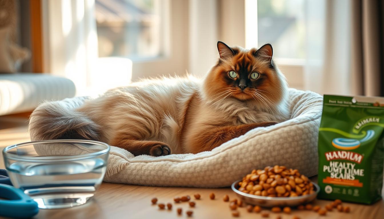 A serene indoor scene featuring a Brown Ragdoll Cat lounging comfortably on a soft, cushioned bed, surrounded by essential health care items such as grooming tools, a water bowl filled with fresh water, and a selection of premium cat food. The background includes a cozy window with sunlight streaming in, creating a warm and inviting atmosphere, emphasizing the cat's elegant features and relaxed demeanor.