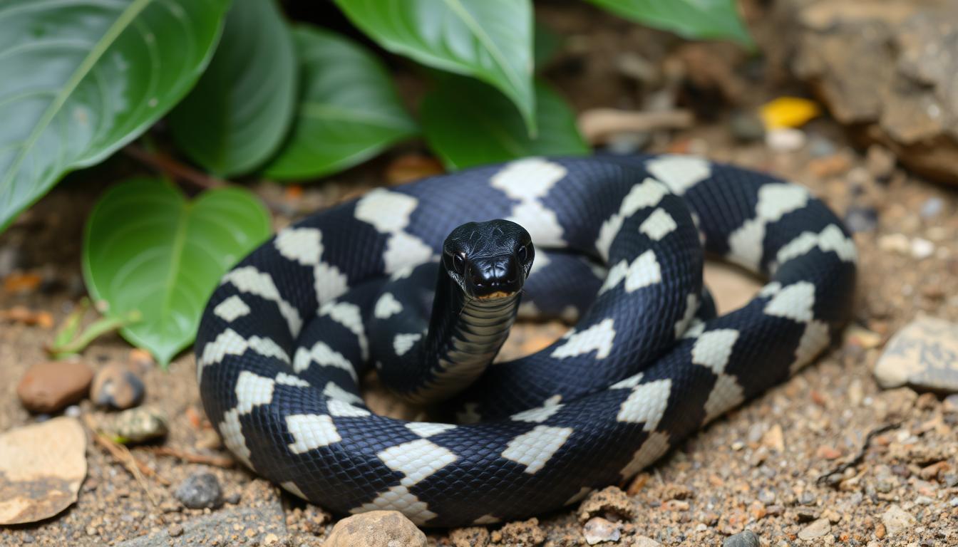 A black and white snake coiled in a defensive posture, showcasing its striking patterns and textures, set against a natural habitat with leaves and rocks, capturing the tension of its alert stance, with a slightly raised head and hissing posture, emphasizing its readiness to defend itself.