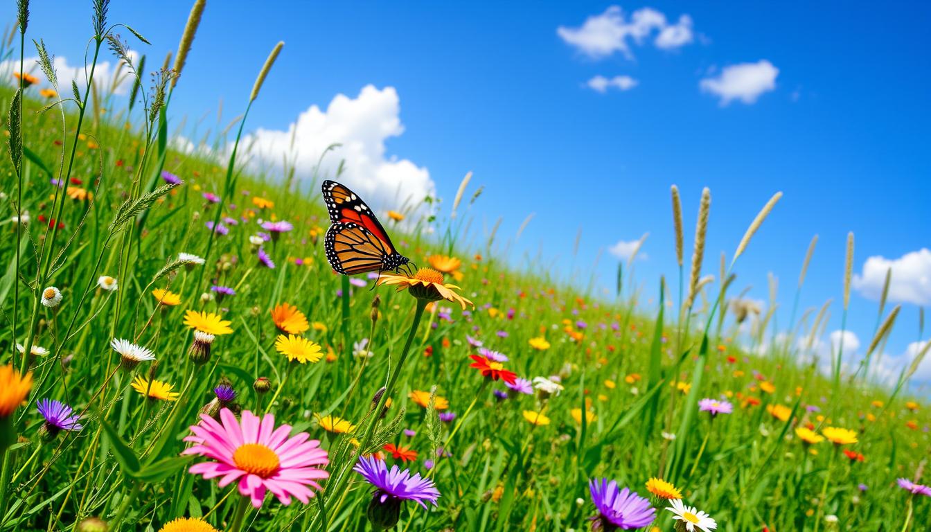 A vibrant meadow filled with colorful wildflowers, tall green grasses, and sun-drenched patches, surrounded by clusters of milkweed plants, showcasing a clear blue sky above and a few floating white fluffy clouds, with a Monarch butterfly gracefully perched on a flower, capturing the essence of its natural habitat.