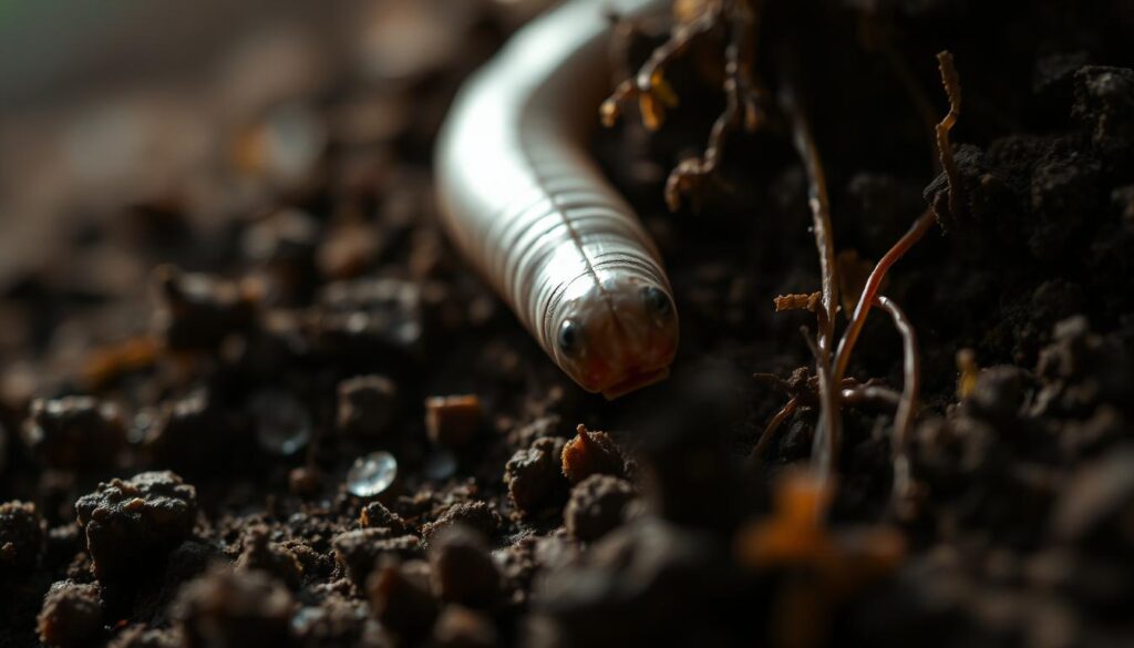 Do Worms Have Eyes. A close-up view of a worm navigating through rich, dark soil, showcasing its sensitive skin and surrounding environment illuminated by soft, ambient light. Highlight the worm's body texture and movement, with hints of roots and microorganisms nearby, illustrating its sensory interaction with the environment.