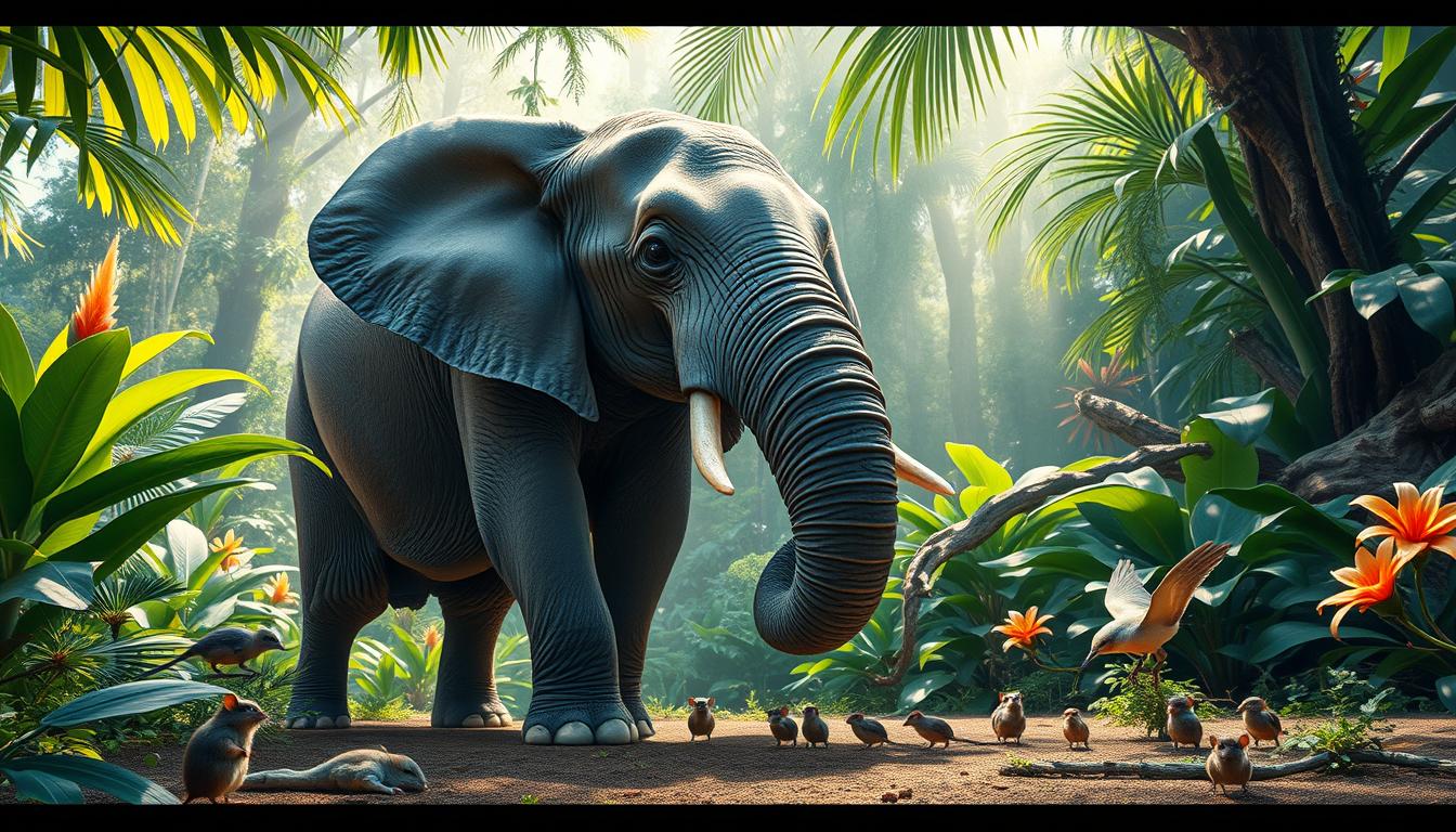 Are Elephants Afraid of Mice, A serene jungle scene depicting a researcher observing a group of elephants in their natural habitat, surrounded by lush greenery and vibrant flora. One elephant curiously interacting with a small mouse, showcasing a moment of curiosity rather than fear. The setting includes gentle sunlight filtering through the trees, highlighting the diversity of wildlife around them, capturing the essence of elephant behavior research.