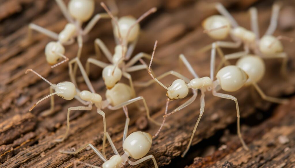 What Do White Ants Look Like, Close-up of white ants, showcasing their slender bodies, elongated antennae, and pale coloration. Focus on their segmented abdomens and delicate legs, set against a natural background of wood or soil with subtle textures.