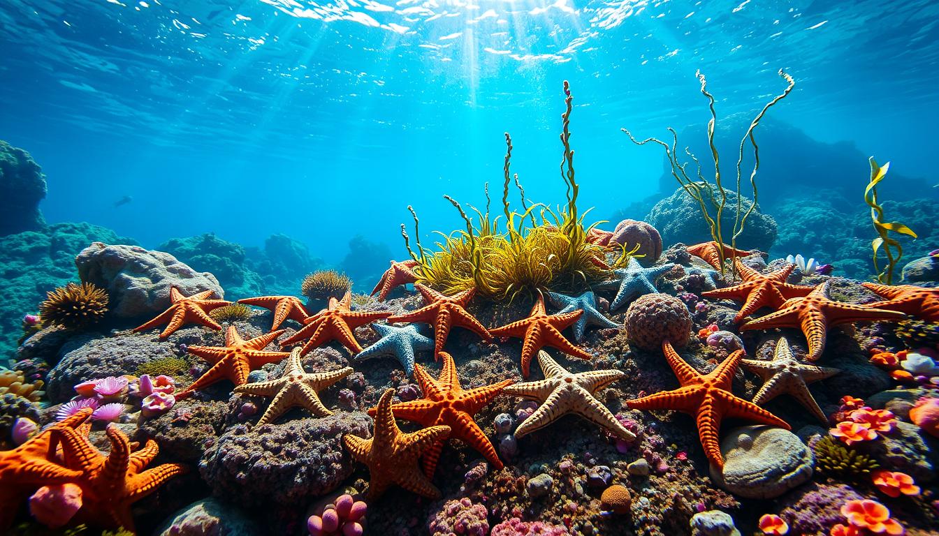 Environmental Parameters of Starfish A vibrant underwater scene showcasing a healthy marine environment, featuring a variety of starfish in different colors resting on a sandy ocean floor, surrounded by corals and seaweed. Sunlight filtering through the water, creating a shimmering effect, with clear blue water quality indicative of optimal conditions. Include small fish swimming nearby and a diverse array of marine life, portraying an ecosystem thriving in balance and harmony.