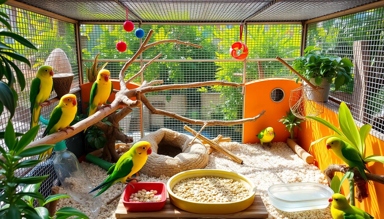 what should a bourke parakeet enclosure loook, A beautifully arranged Bourke parakeet habitat featuring a spacious, brightly colored avian enclosure. Include natural branches for perching, vibrant toys, and a variety of plants to mimic their natural environment. Showcase a cozy nesting area with soft bedding, fresh food dishes filled with seeds and fruits, and a shallow water dish for bathing. Bright sunlight filtering through the mesh top, with a background of lush greenery outside the enclosure.