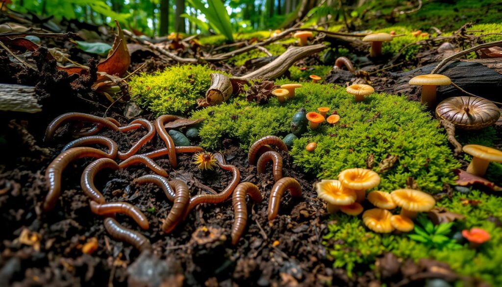 Worms and Isopods How They Work, A vibrant forest floor teeming with life, showcasing earthworms burrowing into rich, dark soil, surrounded by clusters of shiny isopods scuttling among decaying leaves, bright green moss, and colorful fungi. The scene captures the intricate interplay between these organisms in a biodiverse ecosystem, with dappled sunlight filtering through the canopy above.