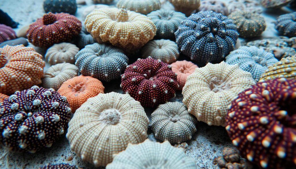 what material makes up the shell of sea urchin Close-up view of a diverse collection of sea urchin shells showcasing various textures, colors, and patterns, emphasizing their unique adaptations for survival in marine environments, set against a sandy ocean floor background, illuminated by soft underwater light.