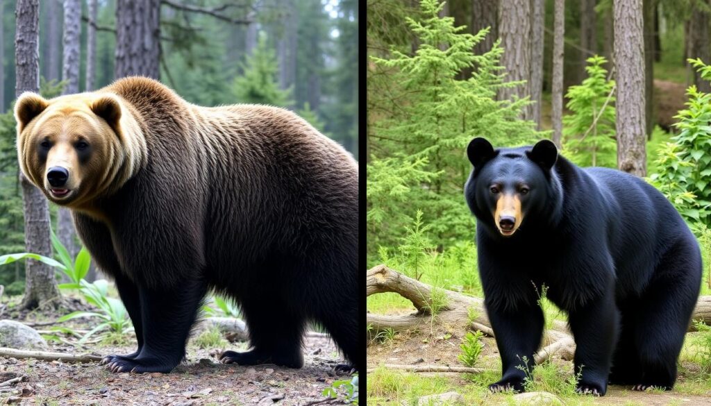 Side-by-side comparison of a Grizzly vs Black Bear in a natural forest setting, highlighting their distinct physical features like size, fur color, and facial structure, with the grizzly bear displaying a pronounced hump on its back and the black bear appearing more slender; both bears standing on all fours, showcasing their posture and surroundings filled with trees and underbrush.