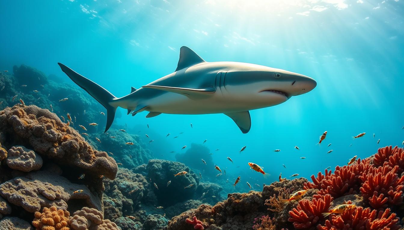 Do Sharks Eat Goby Shrimp, A vibrant underwater scene depicting a shark gracefully swimming through a coral reef, surrounded by colorful goby shrimp darting in and out of the coral crevices, showcasing the intricate relationships in a marine ecosystem, with sunlight filtering through the water creating a serene ambiance.