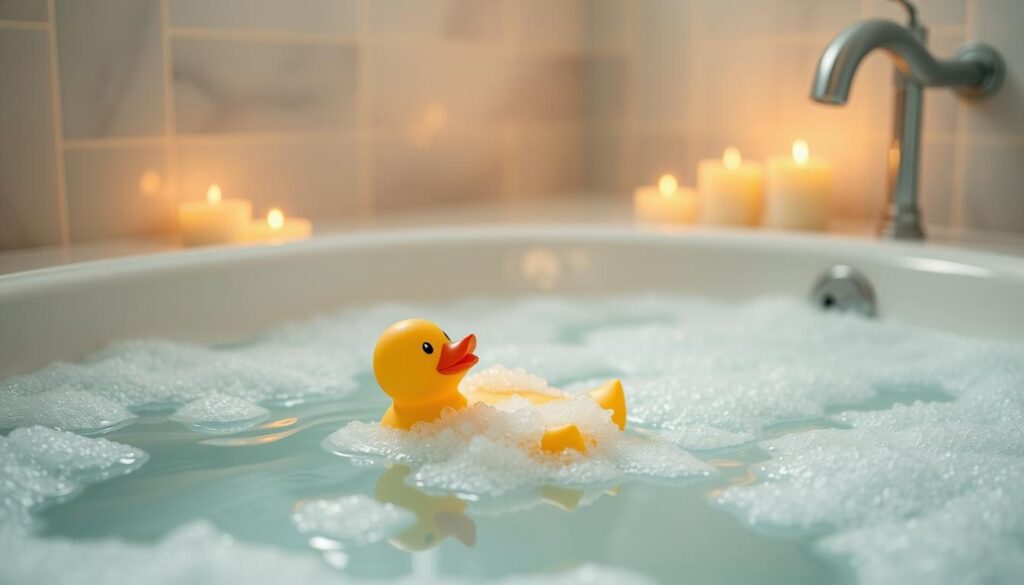 A serene bathroom scene featuring a bright yellow duck floating in a bubble-filled bathtub, surrounded by soft candles and calming colors, evoking a sense of relaxation and stress relief, with gentle steam rising and soft light illuminating the space.