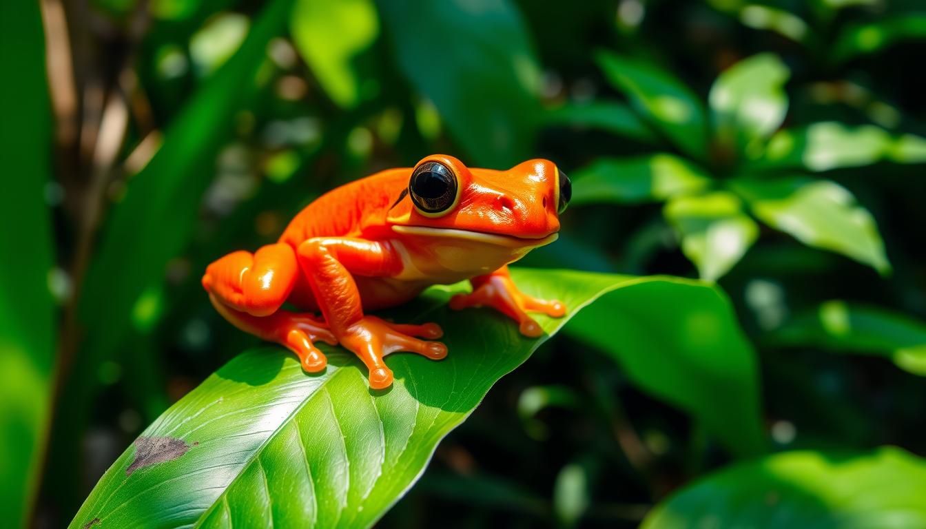 A vibrant the tomato frog perched on a lush green leaf in its natural habitat, showcasing its bright red-orange skin and large bulging eyes, surrounded by tropical foliage and dappled sunlight filtering through the leaves, emphasizing its unique coloration and texture.