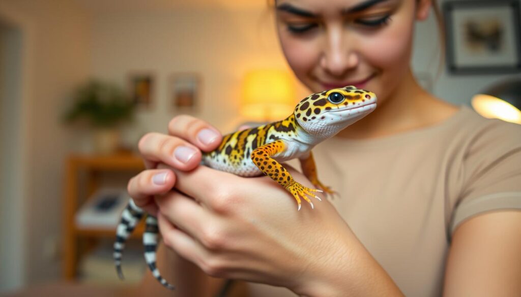 Leopard Gecko and Human, A serene scene depicting a person gently handling a leopard gecko, showcasing safe handling techniques. The person's hands are delicately supporting the gecko's body while ensuring it feels secure. The background features a cozy indoor environment with soft lighting, highlighting a warm bond between human and reptile. The gecko is vibrant in color, displaying its distinctive patterns, and the person's expression reflects care and confidence.