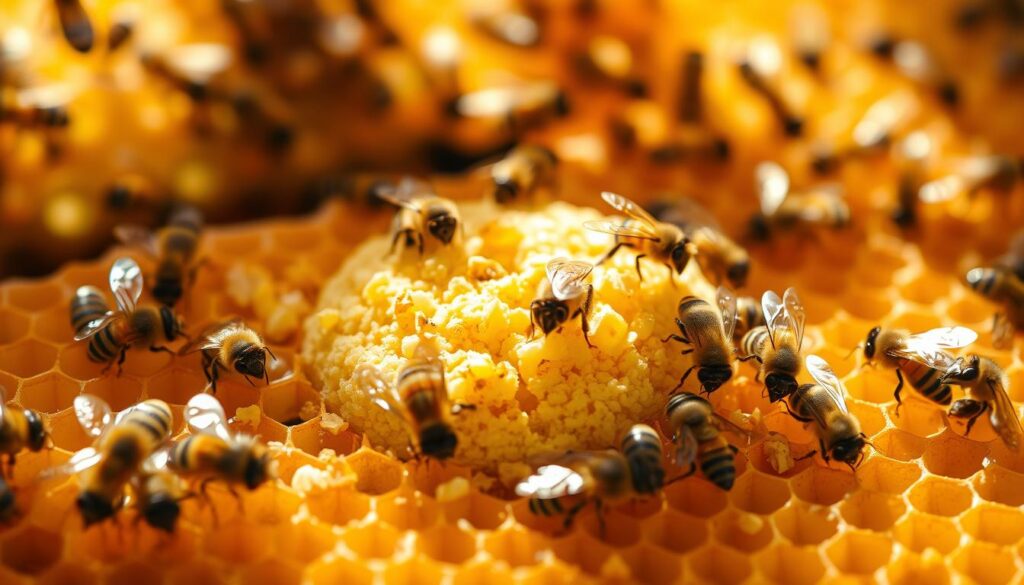 what eats bees A vibrant scene depicting a honeycomb filled with bee bread, showcasing its rich texture and colors, surrounded by baby bees eagerly feeding. Include a close-up view highlighting the nutritional components of bee bread, such as pollen grains and honey, with soft sunlight filtering through the hive, creating a warm and inviting atmosphere.