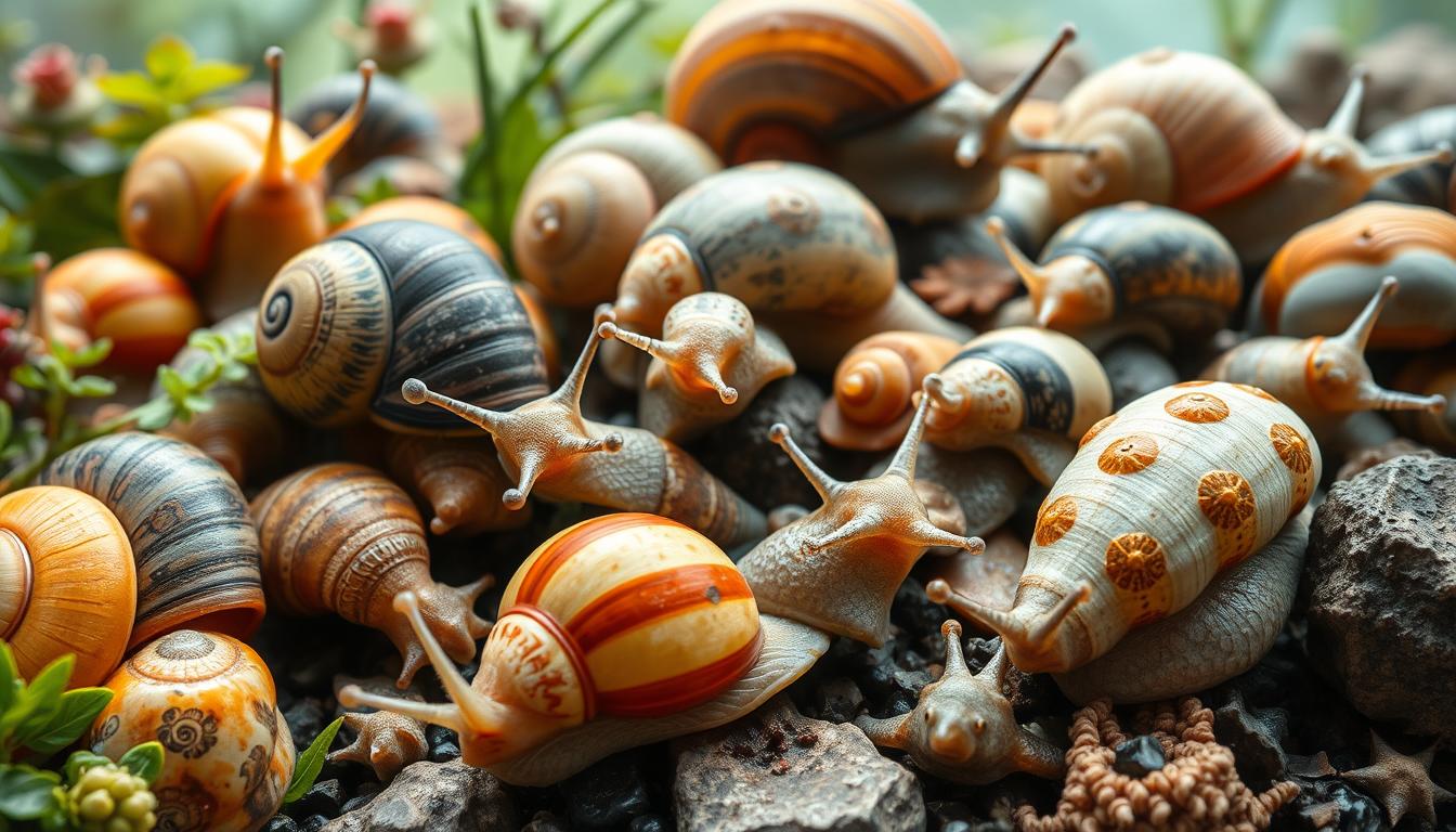 How Do Gastropods Help Themselves, Close-up view of diverse gastropods in their natural habitats, showcasing unique adaptations such as colorful shells, elongated tentacles, and slime trails. Illustrate a variety of species including land snails, sea slugs, and freshwater mollusks, emphasizing textures of their shells and environments like lush forests, rocky shores, and underwater landscapes.