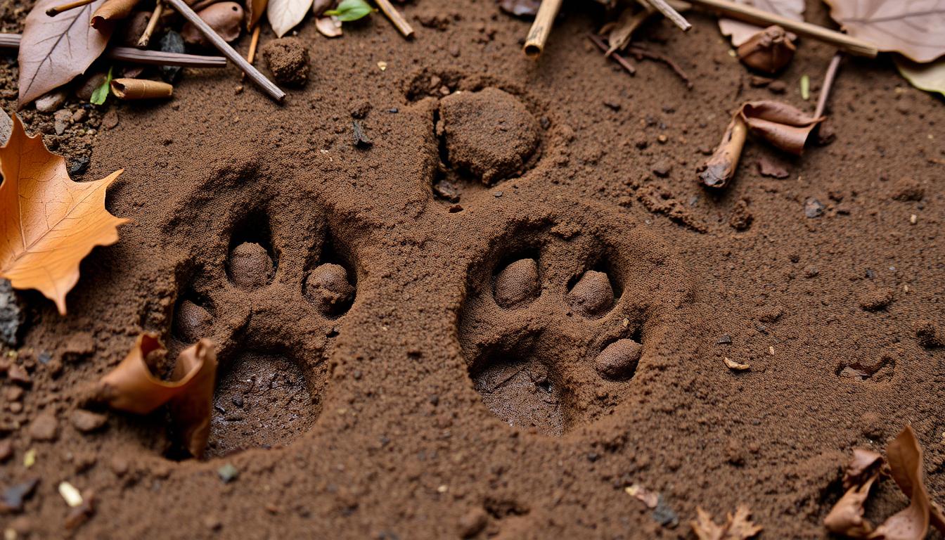 Detailed close-up of Red Fox Animal Tracks in soft, damp earth, surrounded by fallen leaves and twigs, showcasing the unique shape and size of the paw prints, with natural background blur of a forest floor.