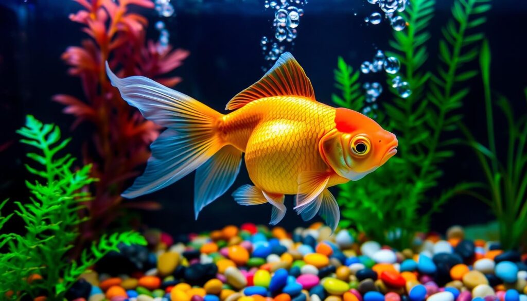 A vibrant underwater scene featuring a graceful The Oranda Goldfish with a round body and flowing fins, surrounded by lush aquatic plants and colorful pebbles at the bottom of the tank, with bubbles rising around it, showcasing a serene and healthy aquatic environment for this fancy breed.