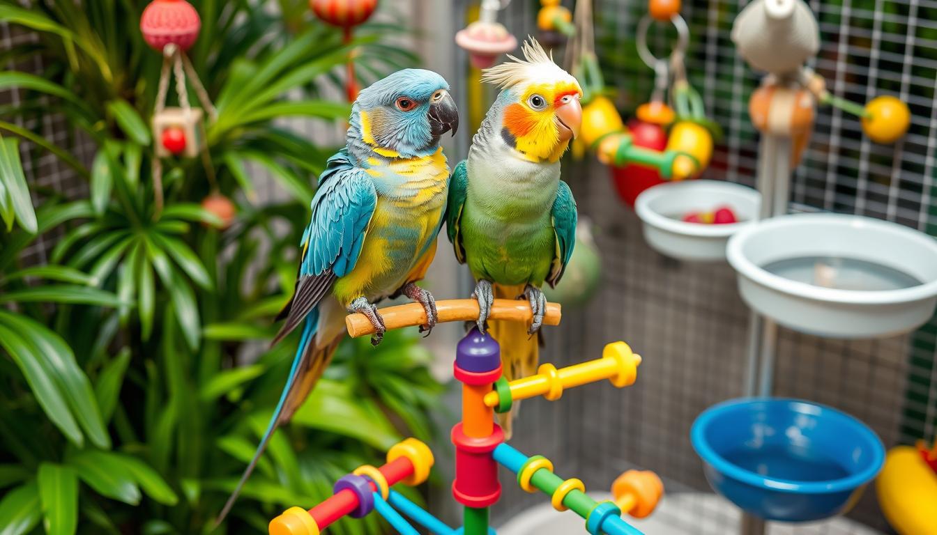 can you put parakeets and cockatiels in the same cage A vibrant scene of a parakeet and cockatiel perched together on a colorful play gym, surrounded by lush greenery, with a variety of safe toys, fresh fruits, and clean water dishes nearby, displaying a harmonious environment that promotes health and safety for both birds.