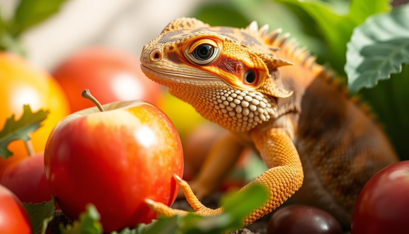 Can Bearded Dragons Eat Apples,A vibrant bearded dragon curiously examining a bright red apple, surrounded by a lush green habitat with colorful fruits and vegetables. Soft natural lighting highlights the textures of both the reptile's scales and the apple's shiny skin, creating an inviting atmosphere that emphasizes healthy feeding choices.