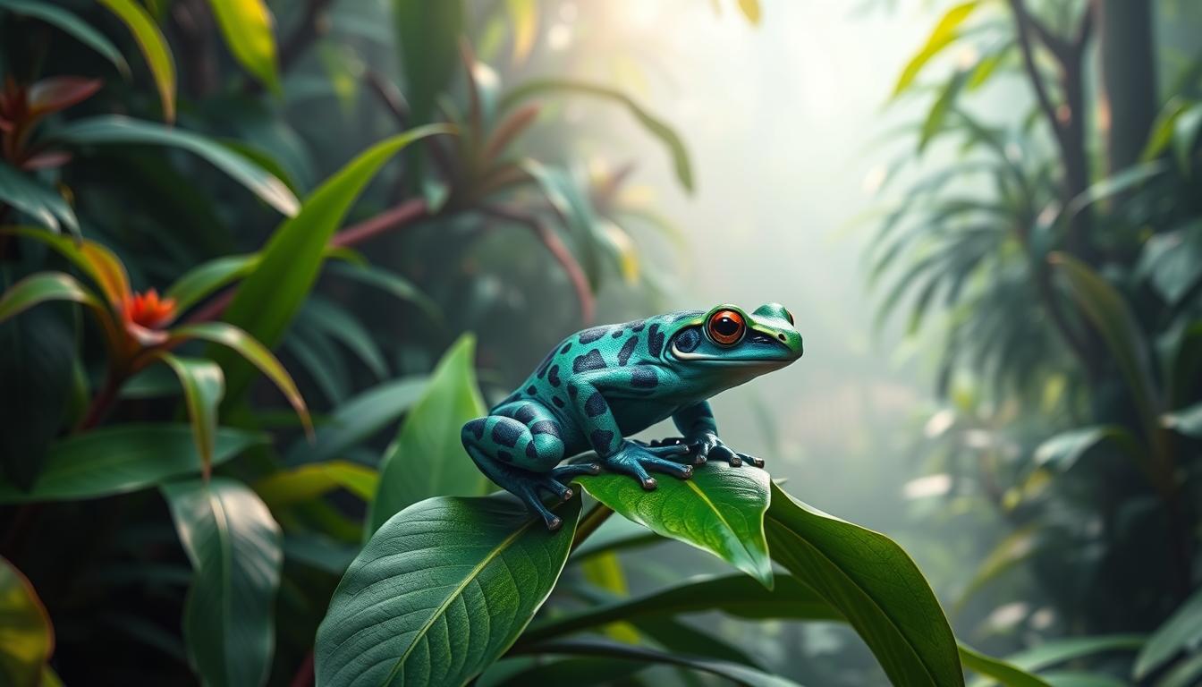 Amazon Milk Frog perched on vibrant green leaves in a lush tropical rainforest, surrounded by exotic plants and soft sunlight filtering through the canopy, showcasing its striking blue and green coloration, with a misty backdrop creating an enchanting atmosphere.