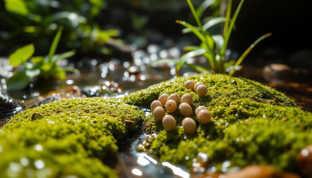 Close-up view of salamander eggs nestled among wet, moss-covered rocks in a serene forest stream, sunlight filtering through lush green foliage, tiny droplets of water glistening on the eggs, soft focus background of aquatic plants and pebbles.