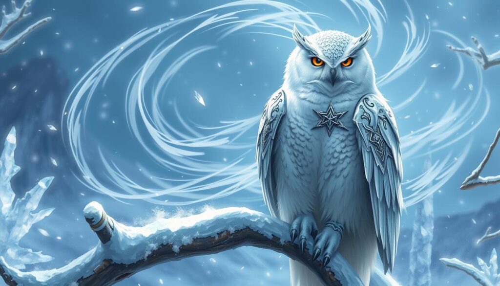 white winter owl w101 wow factor, White Winter Owl perched majestically on a snowy branch, surrounded by swirling magical energy, showcasing intricate battle gear. The owl's feathers are glistening with frost, and its fierce gaze reflects wisdom and strength. In the background, hints of a mystical winter landscape with sparkling ice crystals, adding to the enchanting atmosphere.