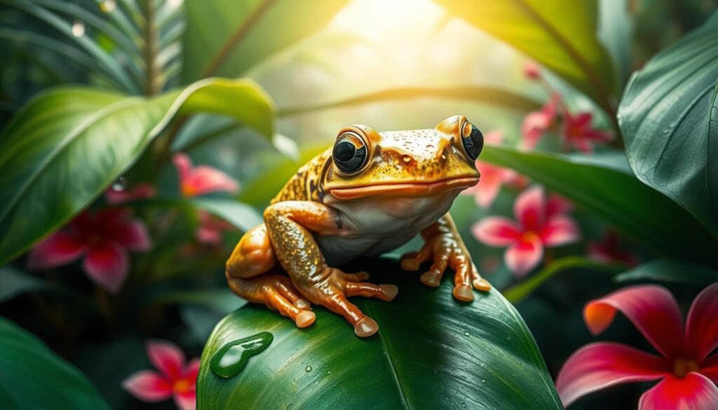 A vibrant, lush environment featuring a healthy Dumpy Tree Frog perched on a leaf, surrounded by tropical plants and flowers, showcasing natural habitat elements like water droplets and soft sunlight filtering through foliage, emphasizing the frog's glossy skin and expressive eyes while conveying a sense of well-being and vitality.