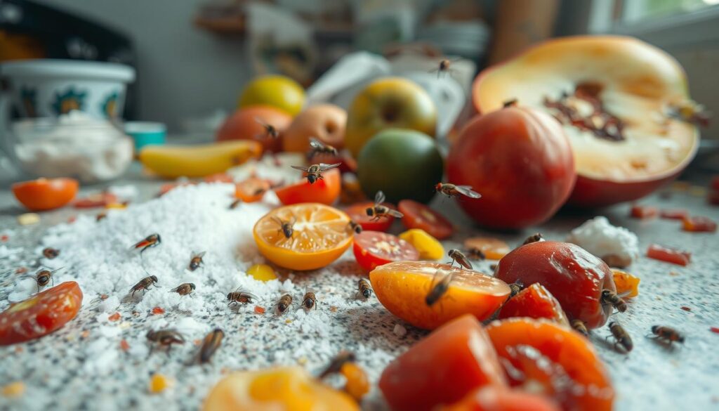 What Attracts Flies, A close-up view of a kitchen countertop scattered with various food items like ripe fruits, spilled sugar, and leftovers, with several flies buzzing around them. The scene captures a vibrant, slightly messy home environment, with natural light illuminating the food and highlighting the flies in action, creating a dynamic interaction between the insects and their attractants.