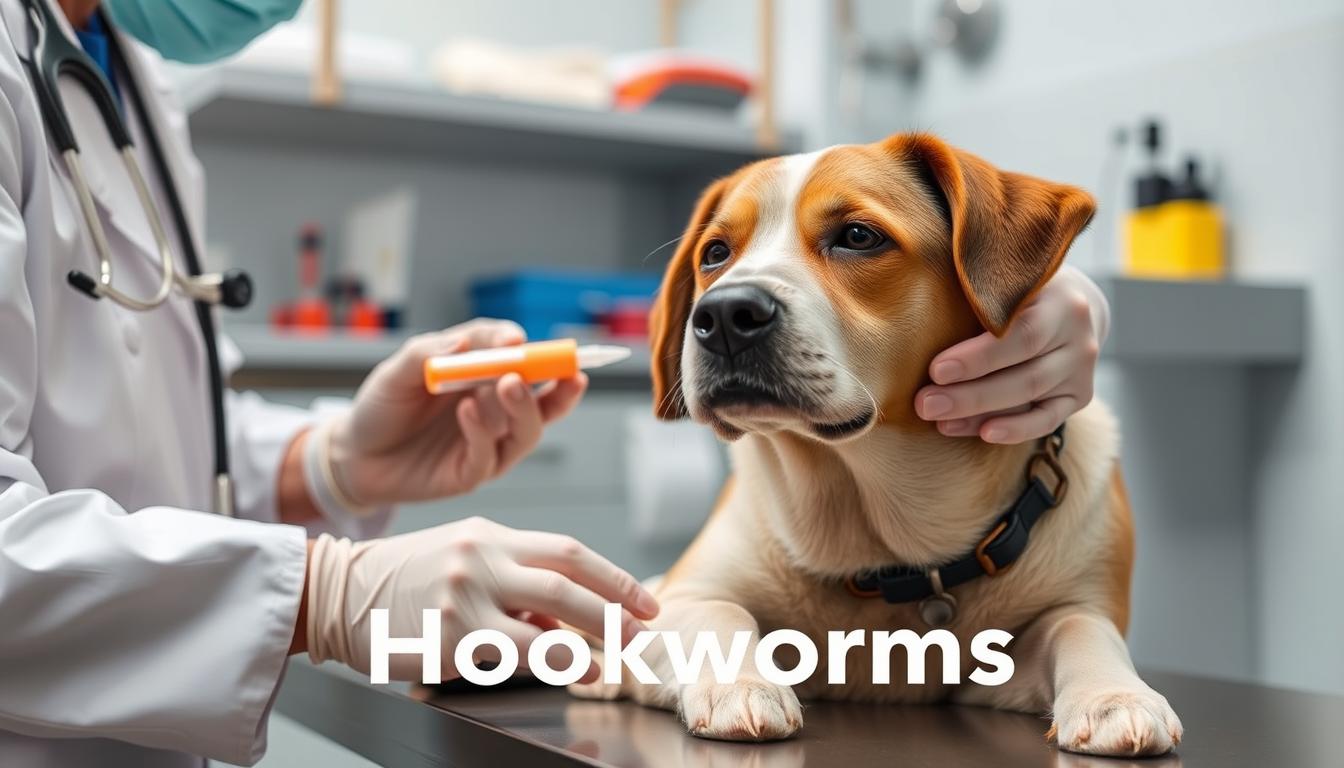 Symptoms of Hookworms in Dogs, A veterinary clinic scene featuring a calm dog receiving treatment for hookworms, with a veterinarian in a white coat administering medication, surrounded by medical tools and a soft, warm light illuminating the room, emphasizing care and compassion.