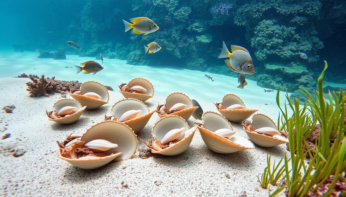 What Do Clams Eat, A serene underwater scene depicting clams buried in sandy ocean floor, surrounded by vibrant marine life. Show clams with their shells partially open, filtering plankton and tiny particles from the water. Illustrate small plants and algae drifting nearby, with sunbeams penetrating the water surface, creating a tranquil atmosphere. Include diverse sea creatures like fish and starfish in the background to emphasize the bustling ecosystem.