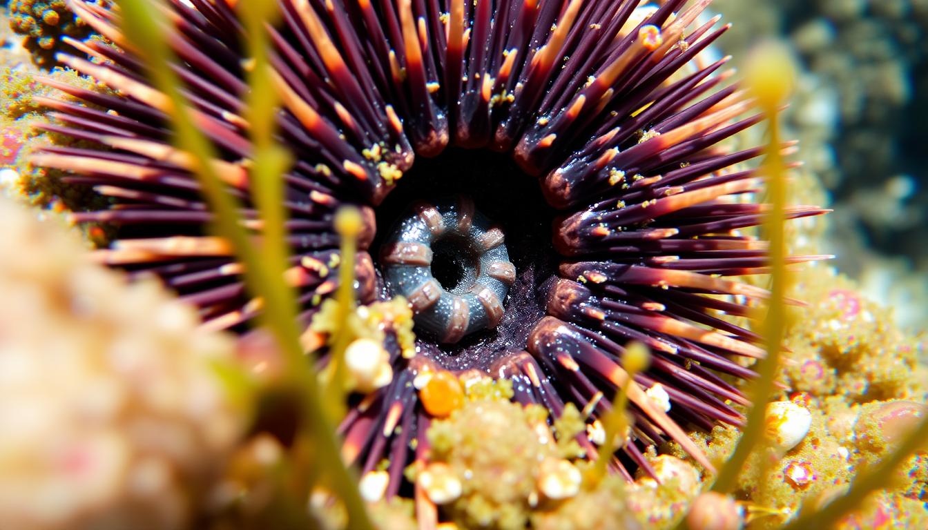 Sea Urchin Shell, A close-up of a sea urchin in its natural habitat, showcasing its intricate spiky shell, with detailed focus on the feeding mechanism known as Aristotle's lantern, surrounded by marine algae and small particles of food. Bright ocean colors and gentle light filtering through the water enhance the scene.