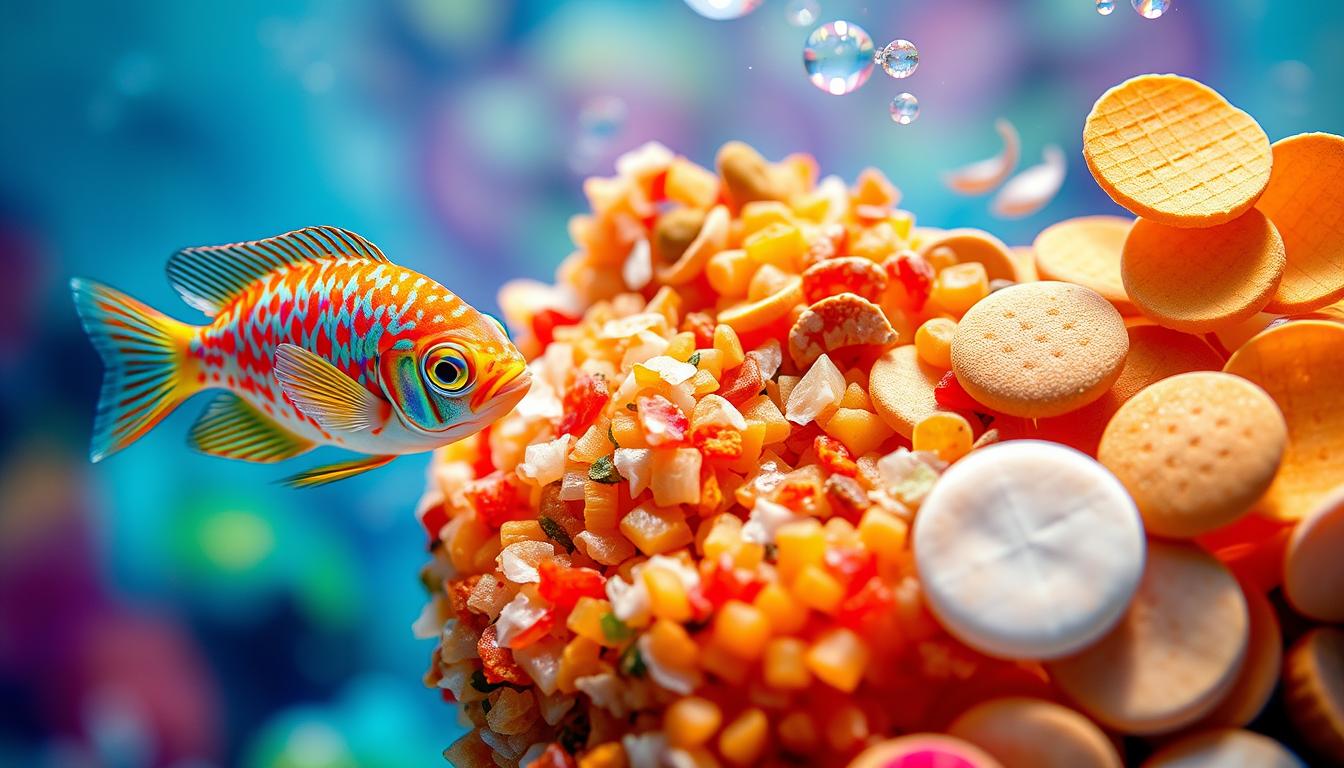 what is the diet of a angel fish, Close-up of various types of commercial fish foods for angelfish, including colorful flakes, shiny pellets, and round wafers, arranged aesthetically on a vibrant underwater background with soft lighting and gentle bubbles.