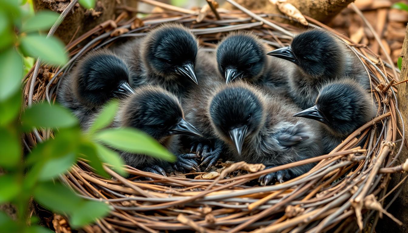 A serene forest scene featuring a Baby Crows family of crows interacting; a parent crow feeding its fluffy, gray nestlings in a cozy nest nestled among branches, warm sunlight filtering through leaves, with soft feathers and curious eyes visible, showcasing the bond and nurturing behavior within the family dynamic.