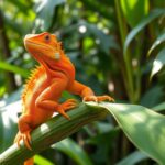 A vibrant the orange iguana perched on a lush green branch, surrounded by tropical foliage, sunlight filtering through the leaves, showcasing its unique scales and bright coloration, a serene jungle background, capturing the exotic beauty of this reptile.