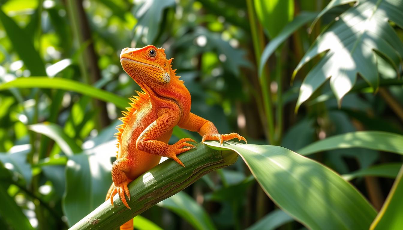 A vibrant the orange iguana perched on a lush green branch, surrounded by tropical foliage, sunlight filtering through the leaves, showcasing its unique scales and bright coloration, a serene jungle background, capturing the exotic beauty of this reptile.