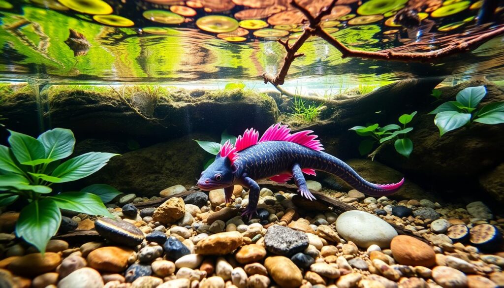 Can Axolotls Live in Freshwater or Saltwater, A vibrant underwater scene showcasing an axolotl in its natural habitat, surrounded by lush aquatic plants, rocky substrates, and clear freshwater. Include gentle flowing water, pebbles, and branches creating hiding spots, with soft lighting filtering through the surface above to create a serene atmosphere.