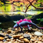 Can Axolotls Live in Freshwater or Saltwater, A vibrant underwater scene showcasing an axolotl in its natural habitat, surrounded by lush aquatic plants, rocky substrates, and clear freshwater. Include gentle flowing water, pebbles, and branches creating hiding spots, with soft lighting filtering through the surface above to create a serene atmosphere.