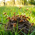 the Ground hornets buzzing around a natural nest in a grassy meadow, intricate details of their yellow and black striped bodies, surrounded by wildflowers and tall grass, soft sunlight filtering through trees in the background, emphasizing a vibrant ecosystem.