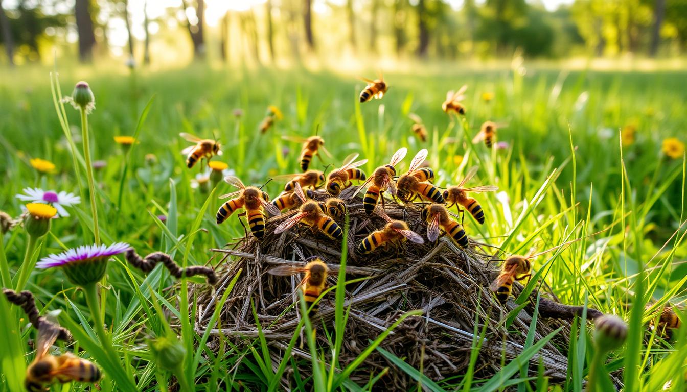 the Ground hornets buzzing around a natural nest in a grassy meadow, intricate details of their yellow and black striped bodies, surrounded by wildflowers and tall grass, soft sunlight filtering through trees in the background, emphasizing a vibrant ecosystem.