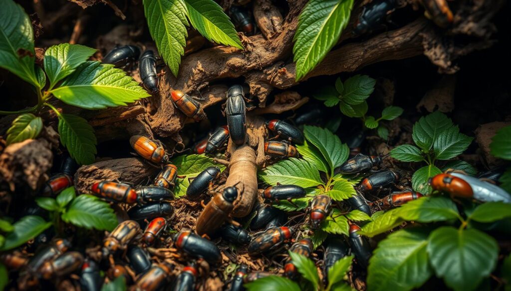 Beetles That Look Like Roaches, An intricate close-up of a natural habitat showcasing beetles and cockroaches, featuring lush foliage, decaying wood, and hidden crevices, with soft sunlight filtering through leaves creating a vibrant, lively scene that highlights their distinct appearances and behaviors.