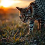 A Black footed cat stealthily stalking its prey in the savanna at dusk, showcasing its spotted fur blending into the grass, focused on a small rodent in the underbrush, with an intense expression and poised body language, surrounded by a warm golden sunset illuminating the scene.