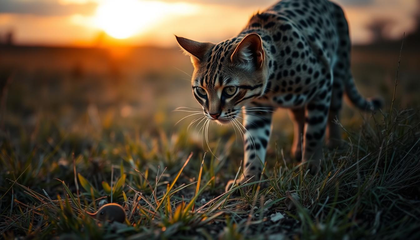 A Black footed cat stealthily stalking its prey in the savanna at dusk, showcasing its spotted fur blending into the grass, focused on a small rodent in the underbrush, with an intense expression and poised body language, surrounded by a warm golden sunset illuminating the scene.