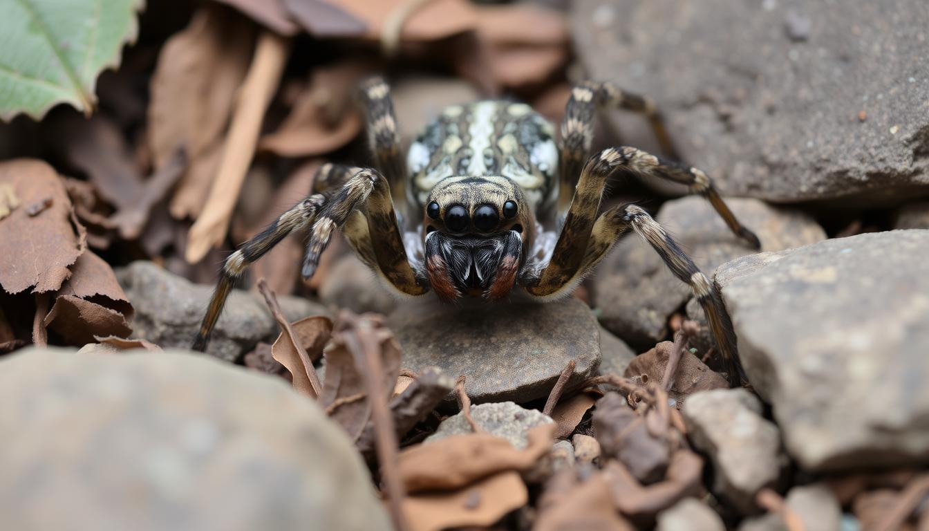 Baby Wolf Spiders, A close-up view of a wolf spider in its natural habitat, demonstrating its defensive posture with raised front legs, blending into the environment among leaves and rocks, highlighting its camouflaged body and wide eyes, capturing the essence of stealth and alertness.